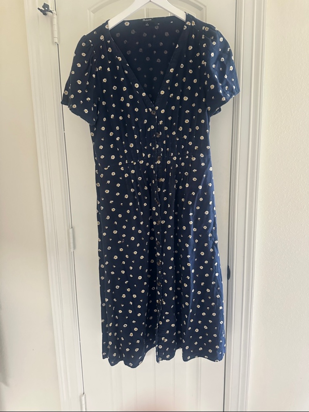 Madewell Navy Blue Midi Dress with White Dot Print, 8